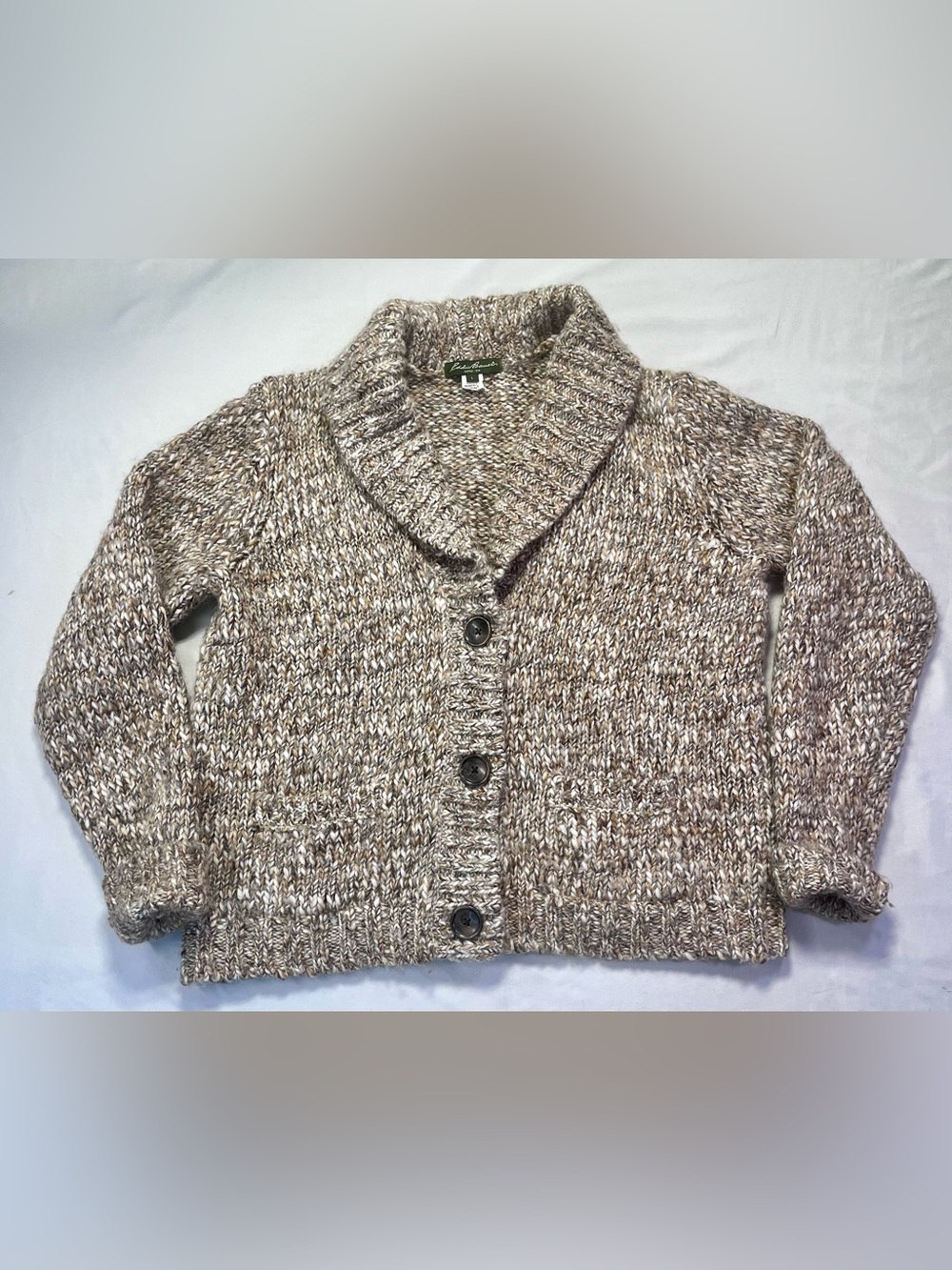 Eddie Bauer Women’s Chunky Brown Cream Shawl Collar Patch Pockets Cardigan L